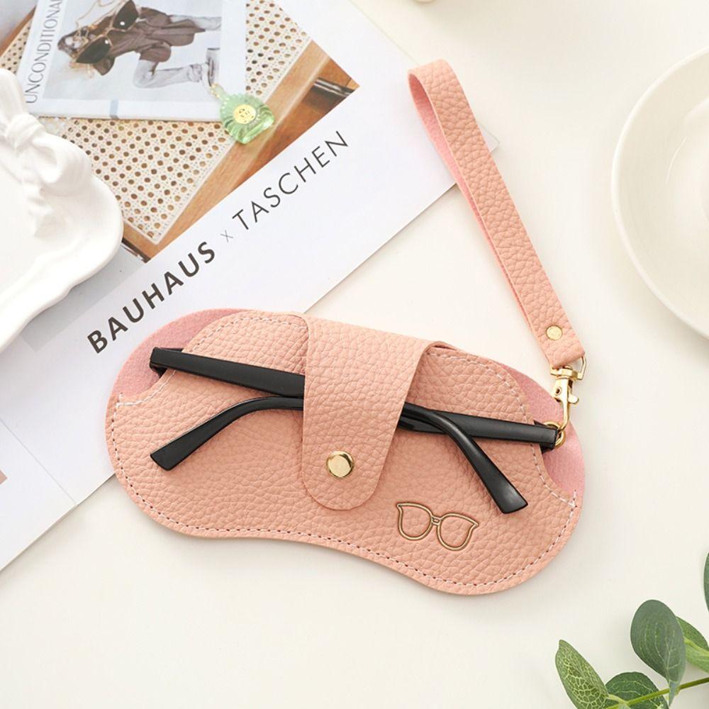 Soft Leather Glasses Bag Lychee Pattern Button Clip Sunglasses Case Portable with Wrist Strap Eyewear Storage Pouch