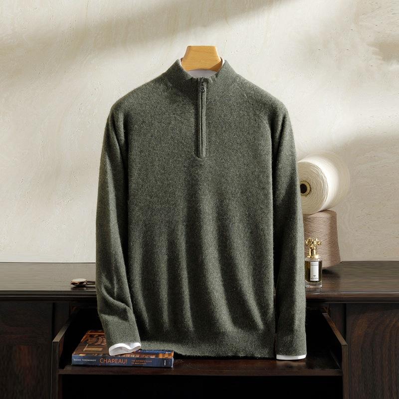 100 Pure Cashmere Sweater Ragged Sleeves Half Zipper Half Turtleneck Knitted Sweater