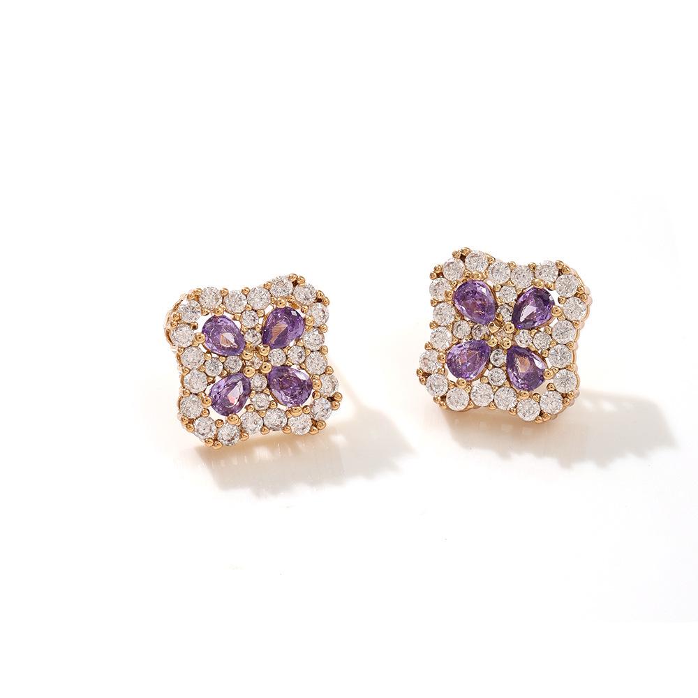 Trendy Four-Leaf Clover Earrings with Colorful Zircon and Gold-Plated Copper, featuring a Full Yellow Diamond Design for Elegant Ladies.
