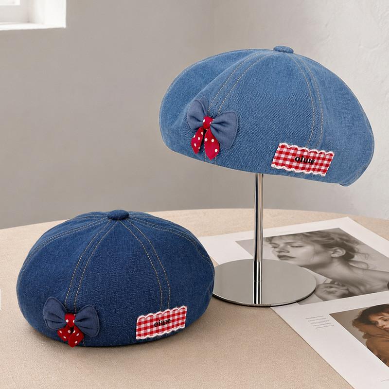 Denim Beret Hat For Women With Bowknot And Star Pattern Summer Fall Chic Style