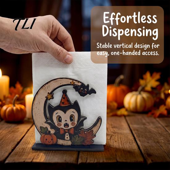 Kitchen Countertop Decoration Halloween Wood Napkin Holder, Rustic Ghost Skeleton Owl Pumpkin Dispenser, Tissue Holder Vintage Tabletop Standing
