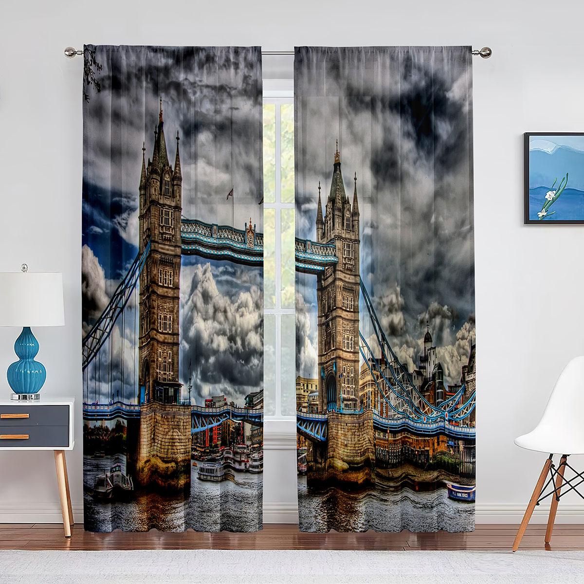 

Лондонский Тауэрский мост, ночной вид на реку, тюлевые шторы для гостиной, спальни, кухни, окна, шифоновая прозрачная вуаль, шторы, жалюзи 1 PCS W100XH250cm&Grommet Top