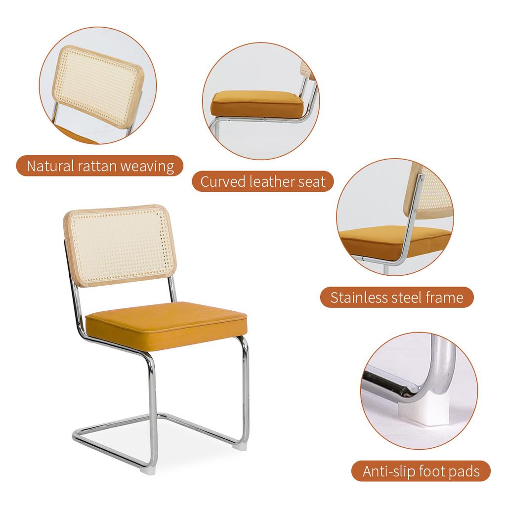 Set di 2 Sedie da Pranzo, Sedie Accento in Velluto e Rattan con Gambe Cromate, Sedie Moderne Mid-Century Design Breuer, Sedie da Pranzo Soggiorno Cucina