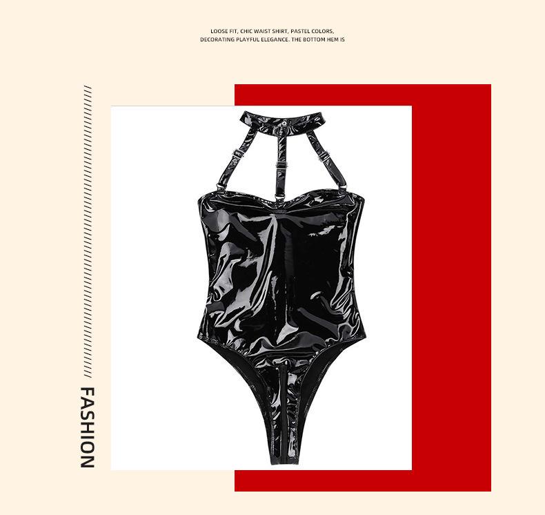 European-American Open Crotch Halter Leather Bodysuit - Sexy Backless Design for Nightclub Wear