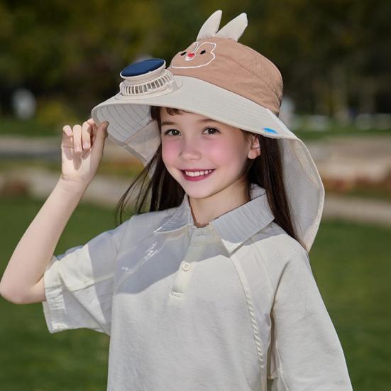 Kids Hat with Solar USB Powered Fan Cartoon Styling Shawl Design Adjustable Outdoor Hiking Cycling Fishing Cap