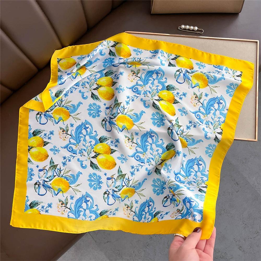Elegant Yellow Neck Scarf Lemon Print Shawl Breathable Square Silk Scarf  for Women