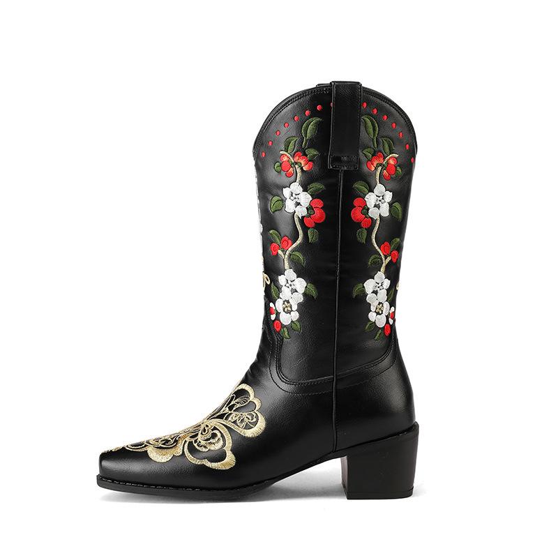 Fashion IPPEUM Cowboy Boots For Women Red Embroidered Size 43 Cowgirl Outfit Shoes Calf High Boots