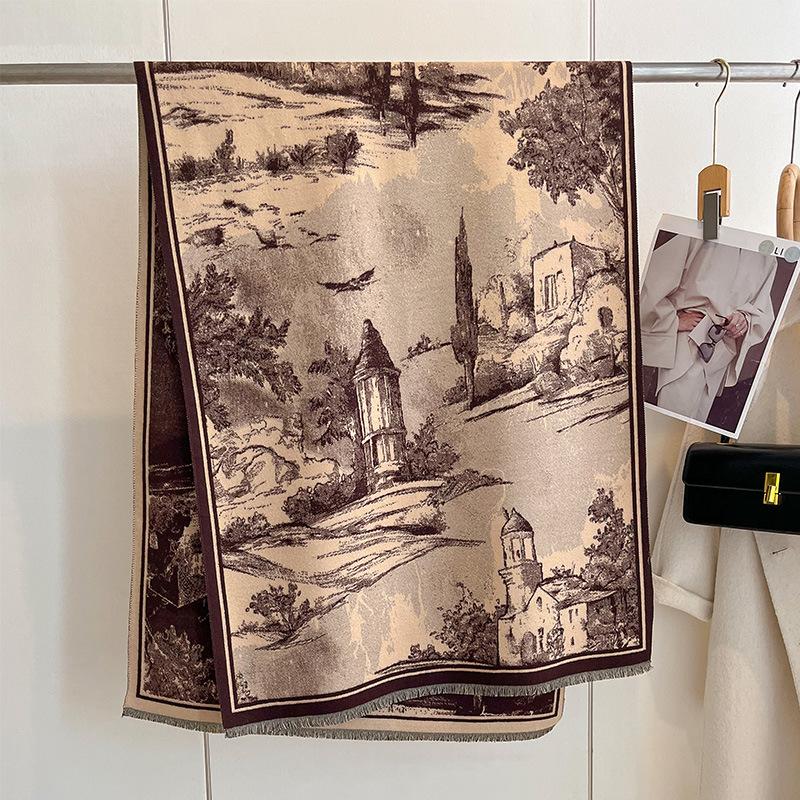 European Retro Oil Painting Landscape Painting Elegant Fashion High Sense Women Imitation Cashmere Warm Scarf