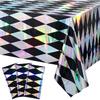 3 Pack Black and Iridescent Diamond Checkered Plastic Tablecloths, Black Gingham Plastic Table Cover, Holographic Foil Rectangle Tablecloth for