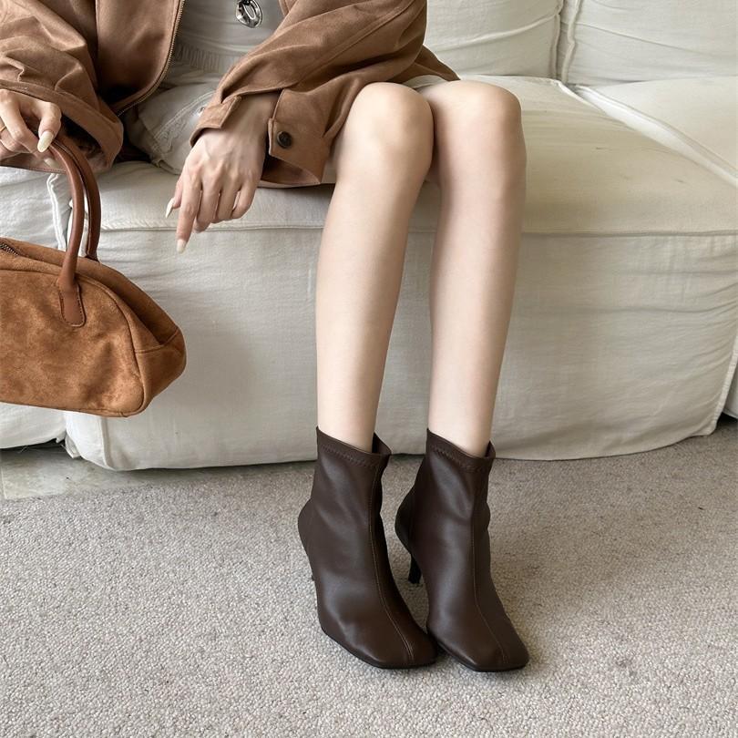 European and American Style Square Head Elastic and Thin High Heel Thin Heel Short Boots