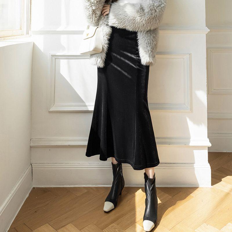 Autumn Winter Corduroy Women Clothing Elegant Mermaid Skirt High Waist Bag Hip Solid Color Aesthetic England All Match Skirt