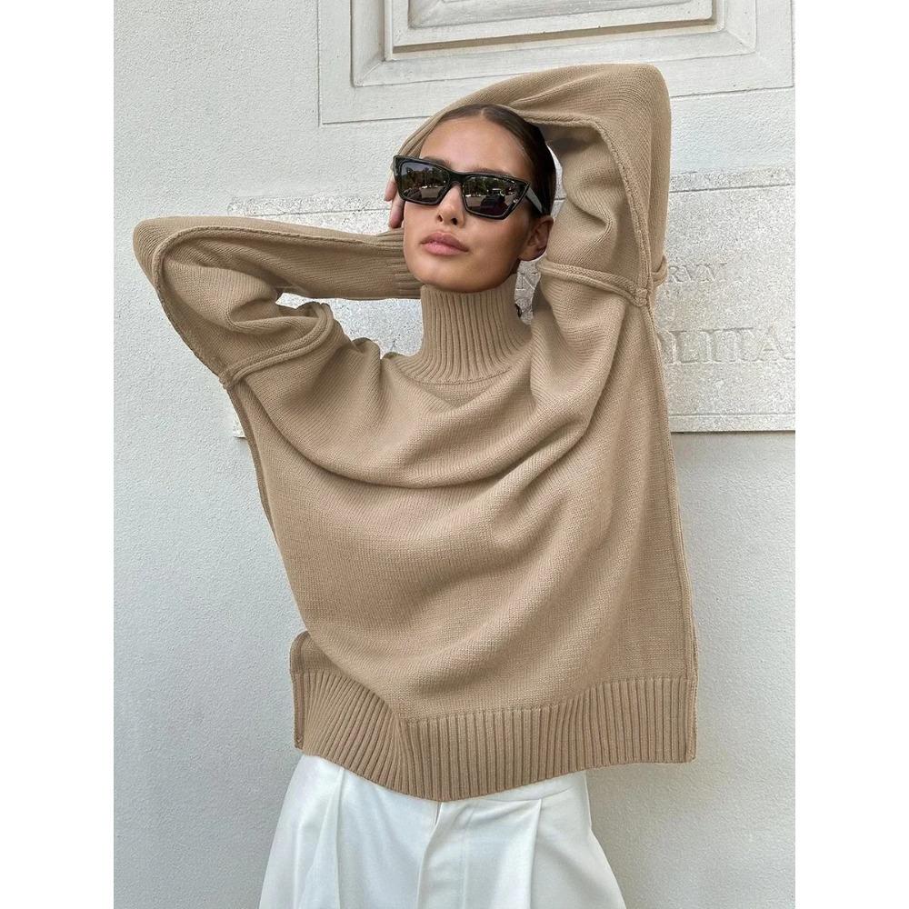 Women's Solid Color Fashion Knitted Turtleneck Sweater Autumn Winter Thick Loose Casual Pullovers Female Warm Sweater