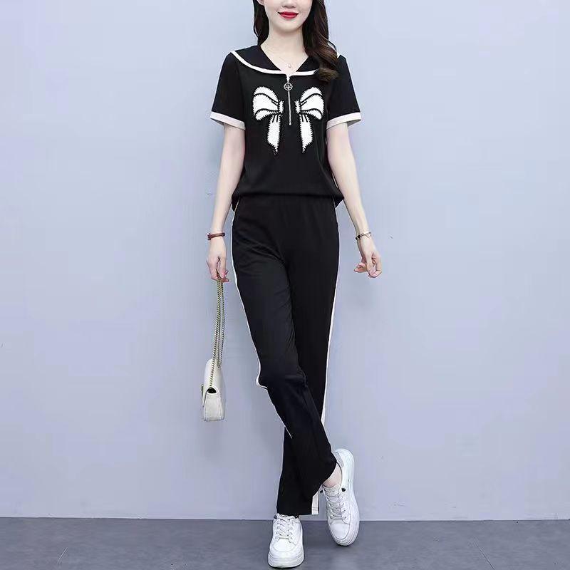 

Летний женский свободный повседневный комплект-двойка с бантом - Стройнящий, больших размеров, с прикрытием живота. XL чёрный