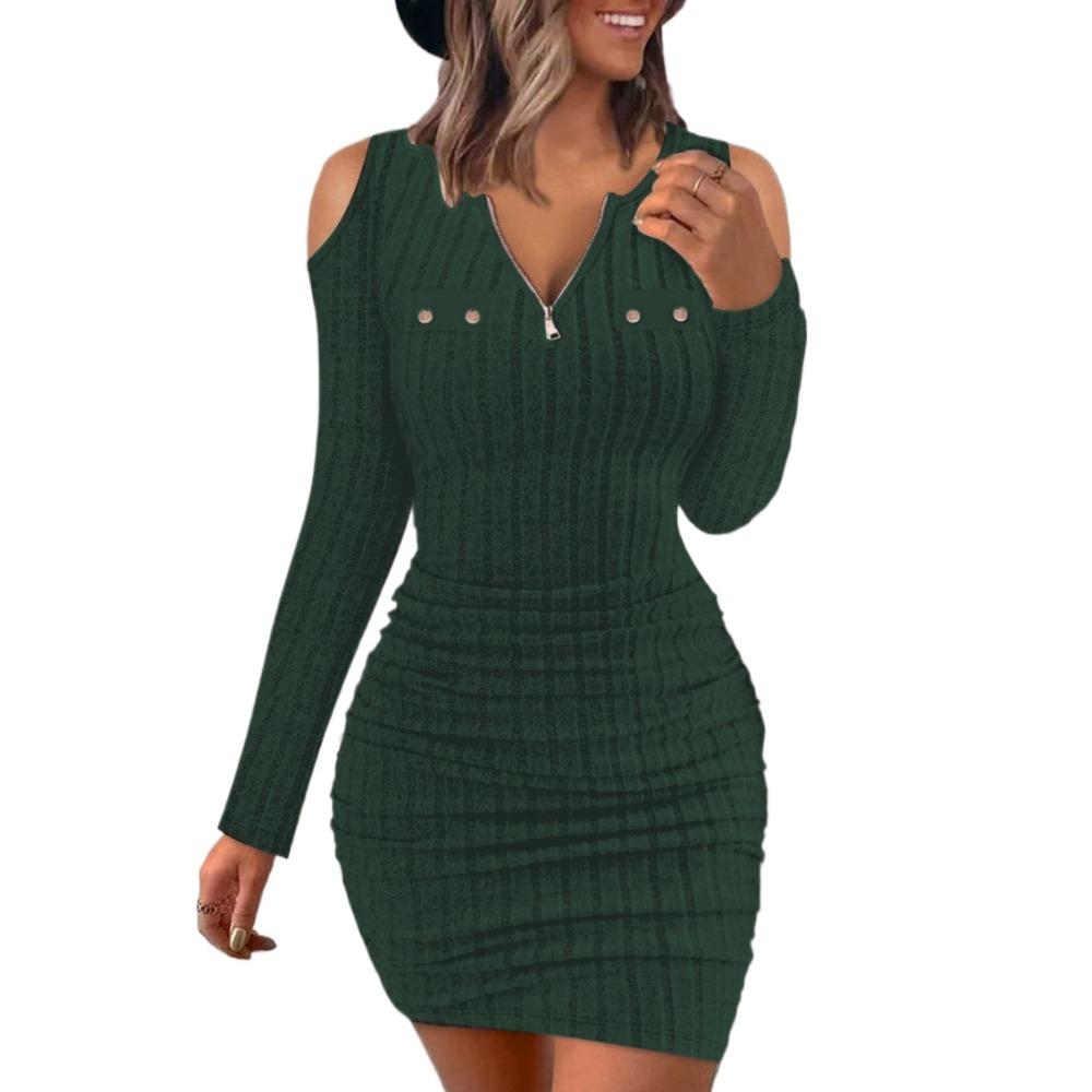 BITCED Women's Autumn and Winter Solid Colour Zipper V-Neck Tight Package Hip Slim Sexy Long Sleeve Dresses