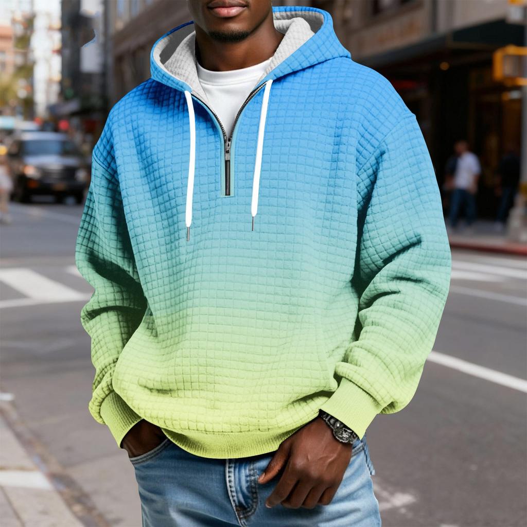 Men's Half-Zip Hooded Plaid Pullover Drawstring Print Casual Sports Sweatshirt