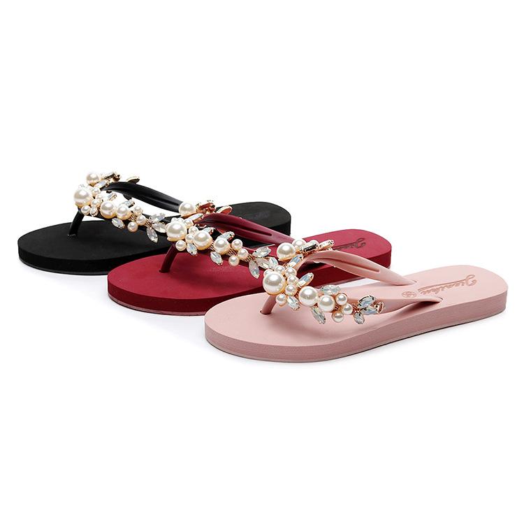Women's Summer Pearl & Rhinestone Flat Heel Toe Cover Slippers