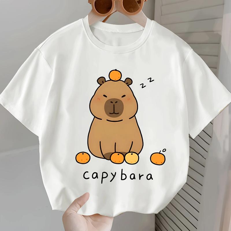 Pure Cotton T-shirt "CAPYBARA Capybara Milk Tea" Print, Fashionable Children's Round Neck Breathable Short-sleeved for Girls.