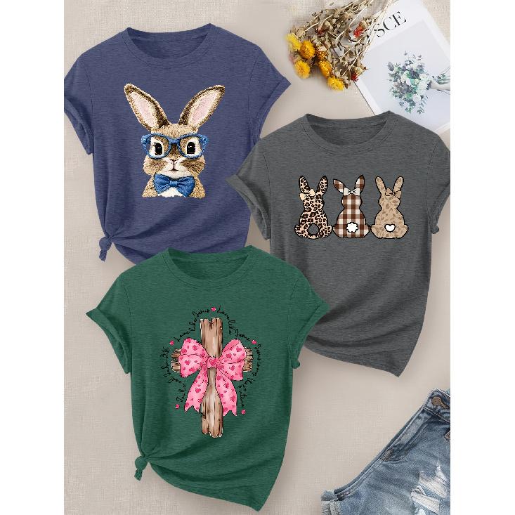 Easter Leopard Bunny Print Round Neck Three Piece Short Sleeve Women Sisters Matching Party Set S