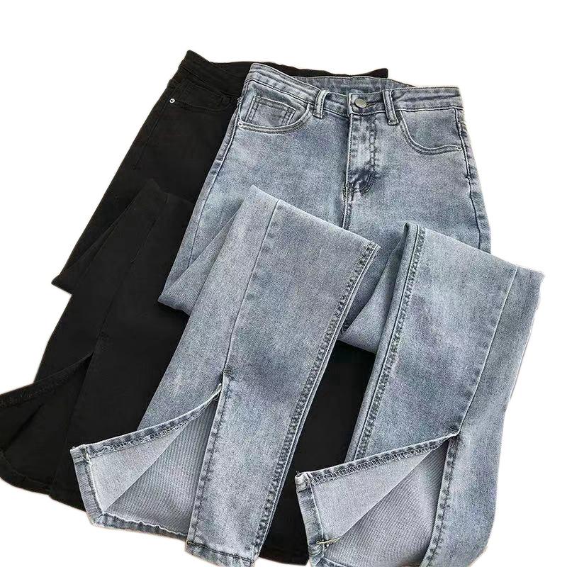 Streetwear Elastic Denim Flare Pants Woman High Waist Vintage Split Jeans Woman Chic Gray Bell Bottom Jeans