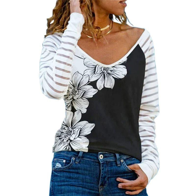 Women s V-neck Flover Printed Top Long Sleeve Shirt 2XL
