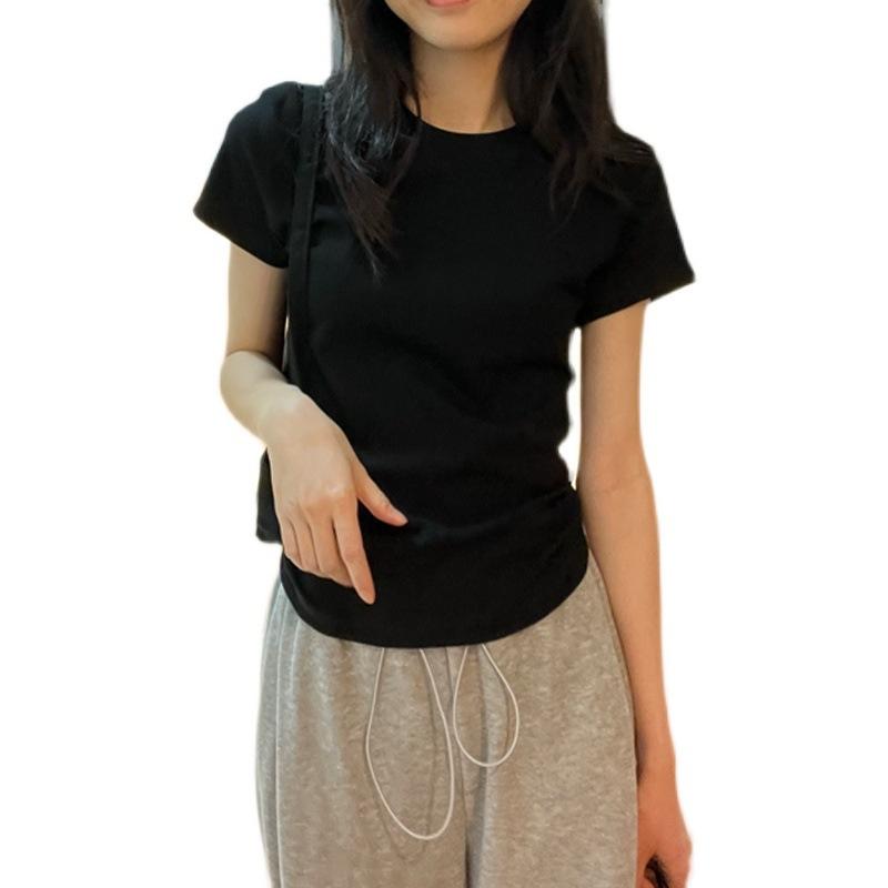 Cotton Shoulder Short Sleeve T-Shirt Women's Summer Casual Versatile Slim Top T-Shirt Black Skinny Basic Bottom Shirt