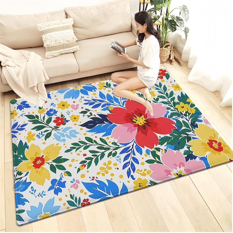 Kids Floral Cartoon Area Rug – Small Non-Slip Play Mat, Soft Floor Carpet for Bedroom Playroom Children's Room Decor