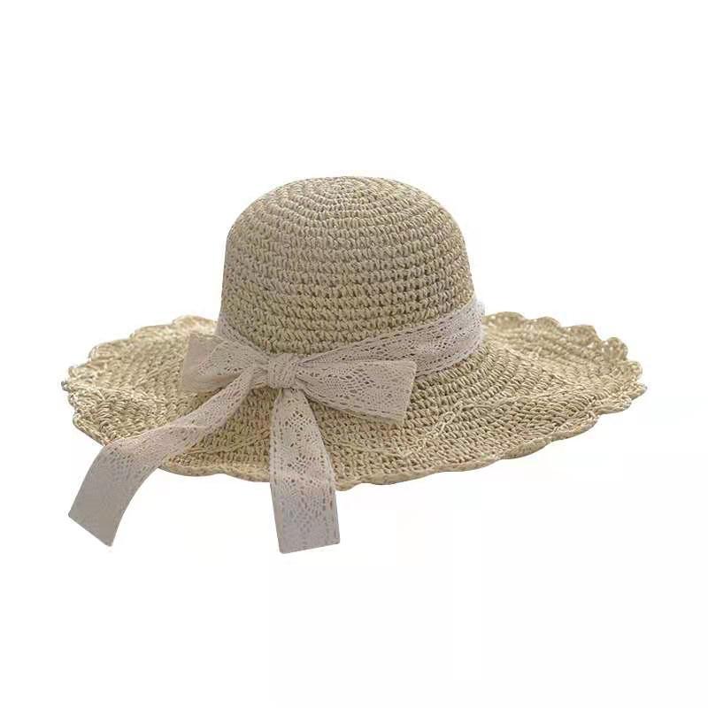 Lace straw hat women's summer bow hollow straw weaving sunscreen sunshade bucket hat sweet beach outing hat