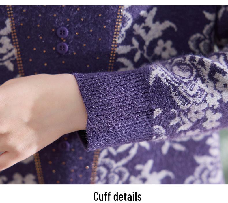 Elegant Knit Top for Middle-Aged & Elderly Women - Autumn/Winter Half-High Collar with Fleece Lining