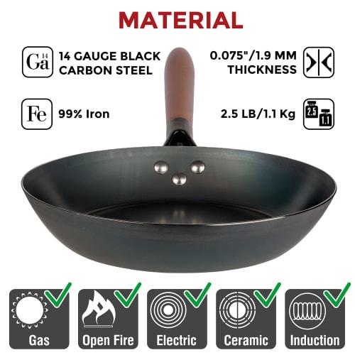 YOSUKATA 10 1/4-inch Carbon Steel Frying Pan ? Non-Toxic Pre-Seasoned Skillet with Removable Wooden Handle ? Coating-Free Wok-Style Pan for Gas, Induc