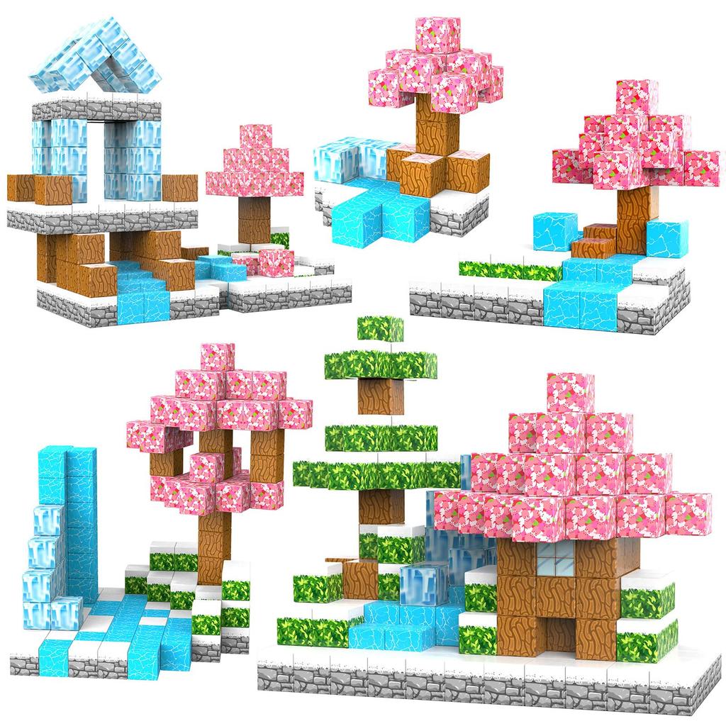 AMYCOOL Magnetic Blocks 54PCS Magnetic Cube Forest World Winter Snow Cherry Blossom Puzzle Toy Large Size 33mm 3D Puzzle Building Blocks Architectural