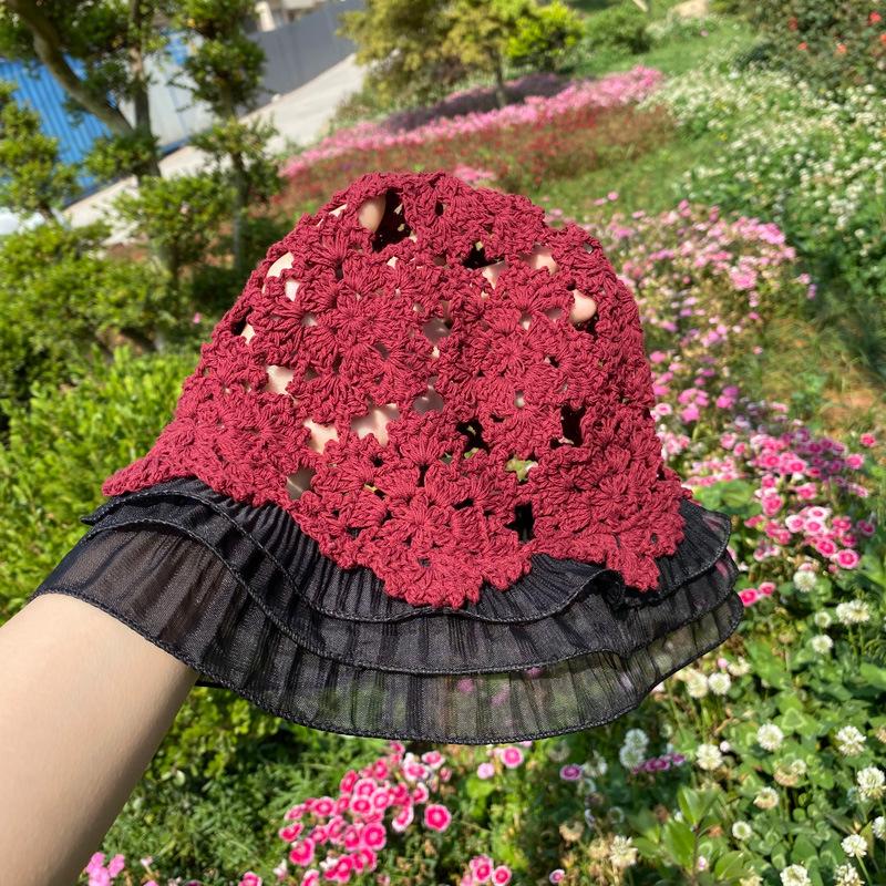 Fashion Woman Lace Knit Hollow Bucket Hats Crochet Thread   Flower Cute Girls' Sweet Romance Sunshade Knitted Breathable Hats