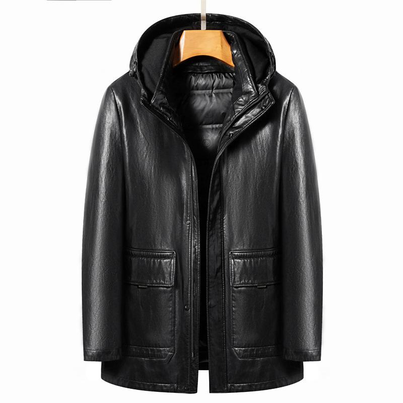 Genuine leather jacket, leather down jacket, middle-aged men's sheepskin leather jacket, hooded winter coat
