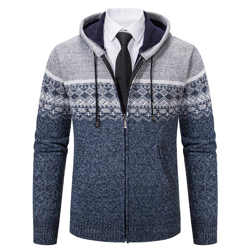 Youth Sweater Plus Velvet Thickened Cardigan Hooded Sweater Fashionable Gradient Color Youth Warm Knitted Jacket