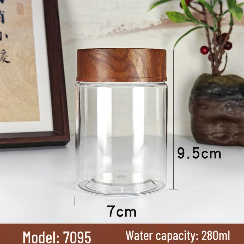 PET Plastic Storage Jar with Imitation Wood Grain Lid, High Transparency, Food Grade for Medicine, Herbs, Tea, Flowers, Grains, and Nuts.