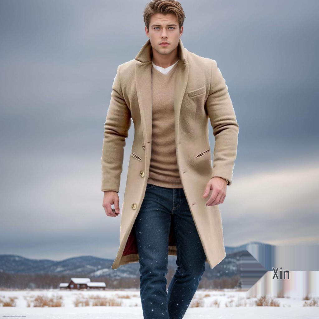 Mittellanger Wollmantel für Herren 2024: Europäischer & Amerikanischer Stil, Schmal geschnittener Anzugkragen, Winter-Windbreaker