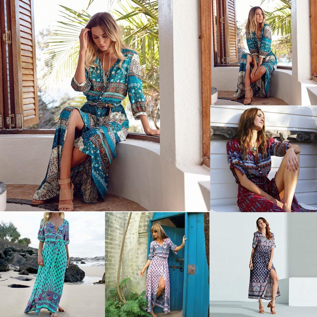 Elegantes Damen Boho V-Ausschnitt Langes Maxikleid Mit 3/4 Ärmel Für Party Und Abendveranstaltungen