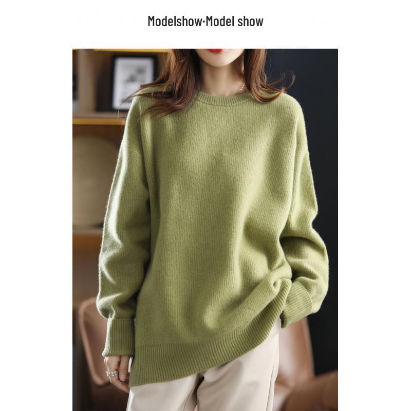 Women's Mid-Length Loose Knit Pullover: Round Neck, Drop Shoulder, Long Sleeve, Solid Color, Autumn/Winter Korean Style.