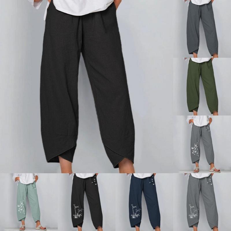 Spring Summer Elastic Waist Cotton Linen Loose Casual Pants for Women's Home Wear