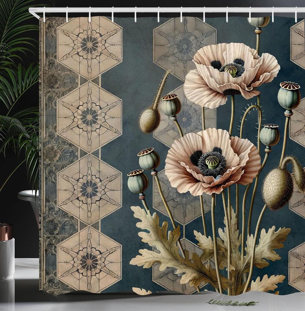 Coral and Blue-Brown Shower Curtain Tribal Mandala Geometric Gradient Fabric Bathroom Decorative Shower Curtain with Hooks