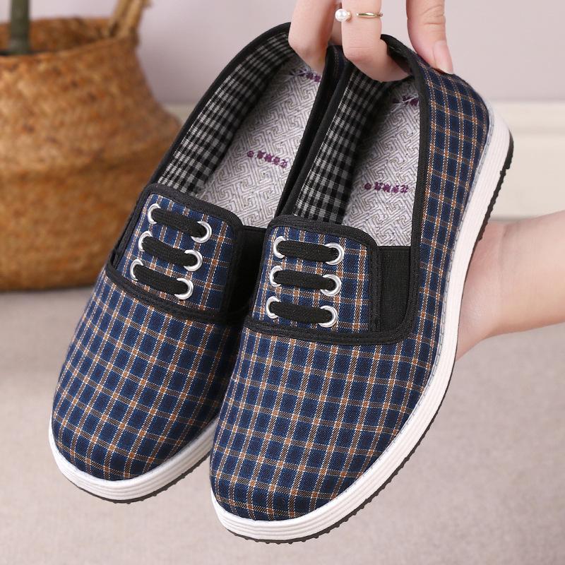 Spring New Elastic Casual Women's Cloth Shoes Plaid Cloth Cotton Cloth One-pedal Flat-bottomed Lazy Canvas Shoes