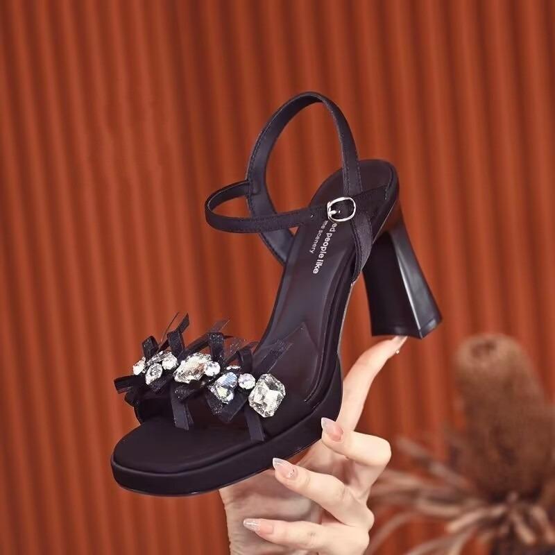Slip Strap Sandals Women Summer New Square Toe Open Toe Rhinestone with Skirt Platform Non-Slip Square Heel High Heels