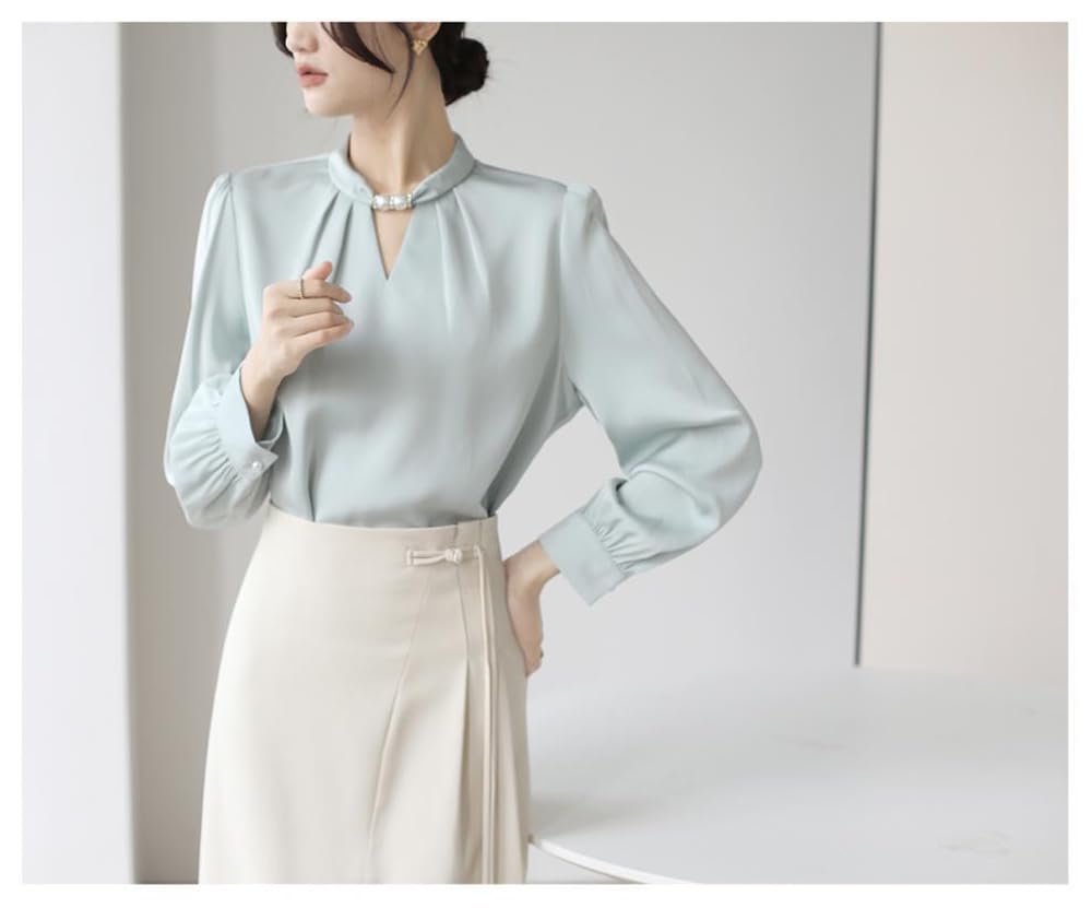 [SYitong] Women's Shirt Blouse, Stand Collar, Long Sleeves, Front Tuck, Stylish, Washable, Pearl, Elegant White Blouse, Relaxed Fit, Figure-Flattering