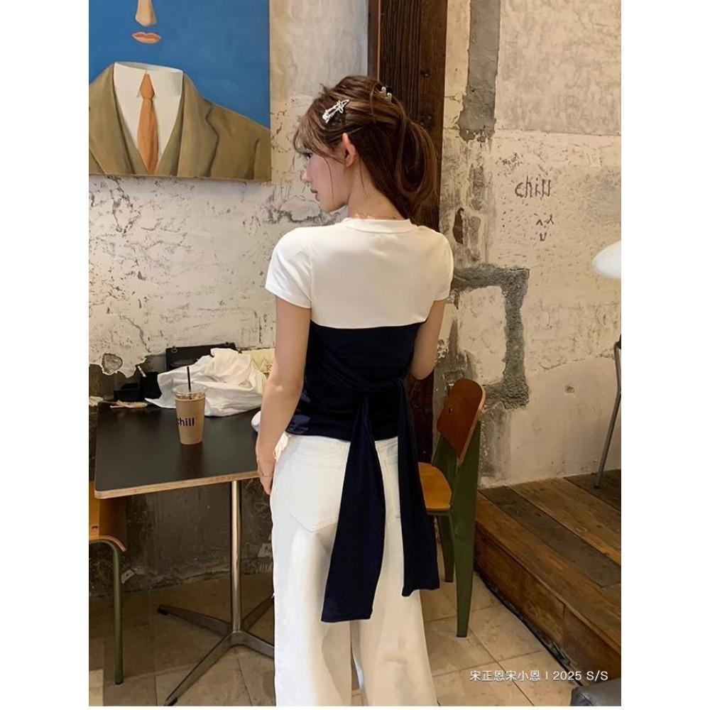 Patchwork Contrast Color Strapped Short-sleeve T-shirt Women New Summer Slim Short Top Pure Desire Style