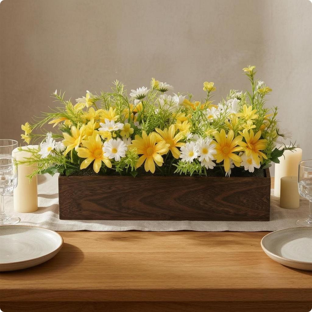 Wooden Blossom Table Decor Rectangular Planter Centerpiece Elongated Artificial