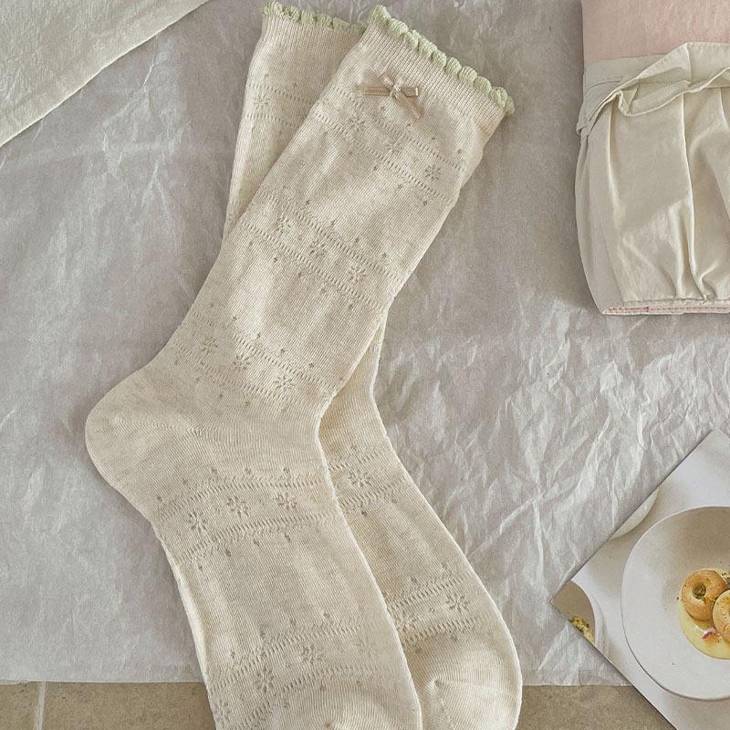 Floral Bowed Socks - Women's Mid-length Socks. Spring/Summer Lightweight Open-patterned Pile Socks. Summer Stockings.