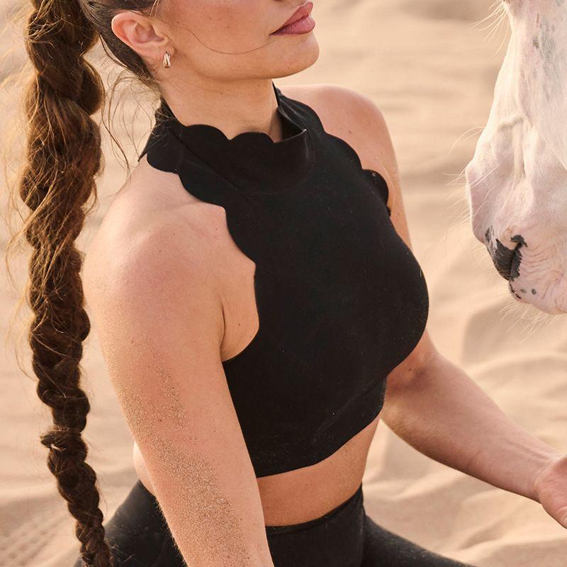 

[Petal Series] Fashion Oblique Shoulder Cut Out Lace Sports Bra Strap Chest Pad Nude Feel Workout Yoga Vest Female Black I-shaped vest M