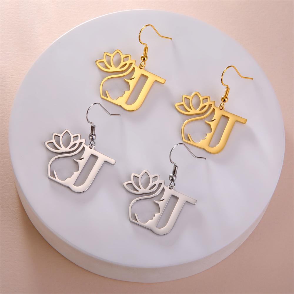 My Shape Beauty Flower Letter Drop Earrings for Women A-Z Alphabet Initials Lotus Stainless Steel Fashion Jewelry Kids Female