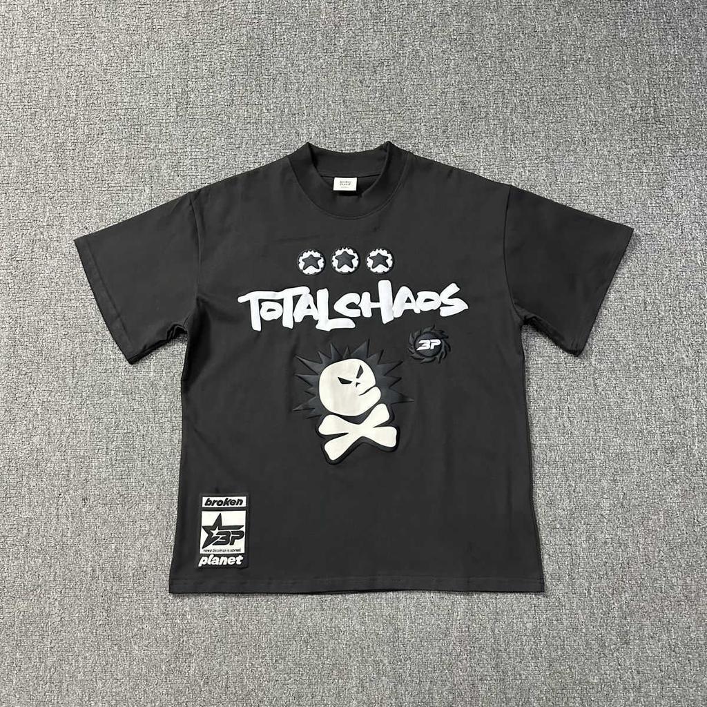 Unisex Hip Hop Cartoon Foam Skull Letters Printing T Shirt Men Women Cotton Tee Tops Casual Loose Gray T-Shirt Streetwear