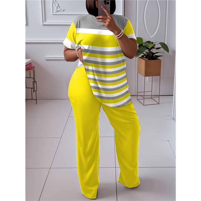 

Plus Size Striped 2-Piece Outfit Loose Top Wide Leg Pants Casual Set XXXL жовтий