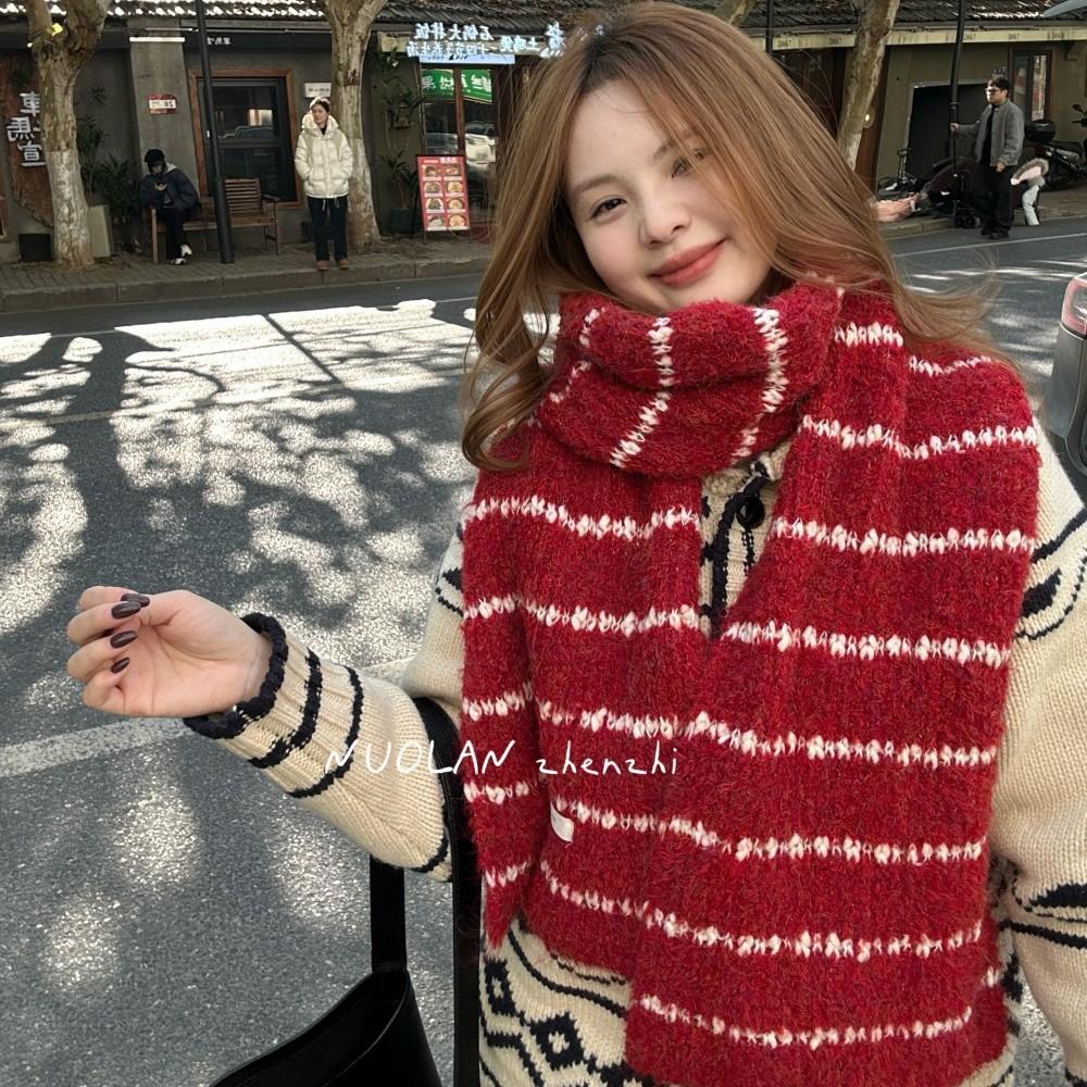 Retro New Year's Christmas red stripe wool blended scarf women's winter thickened warm atmosphere scarf manufacturer wholesale